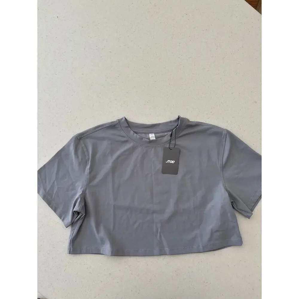 JTOO Gray Athletic Crop Top Women’s Small Short Sleeve Stretch Activewear NWT - Picture 8 of 9